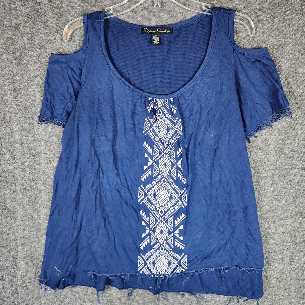 French Laundry Top Womens 1X Cold Shoulder Blue Geometric Tribal Print EUC